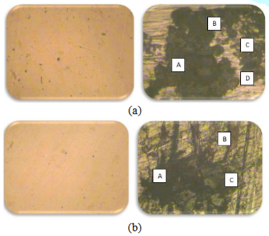 Corroded surfaces of (a) 410-MN: 1.8 420 - MN: 2.8 (stainless steel) in Murban and (b) carbon steel (mild steel) in Das Blend.